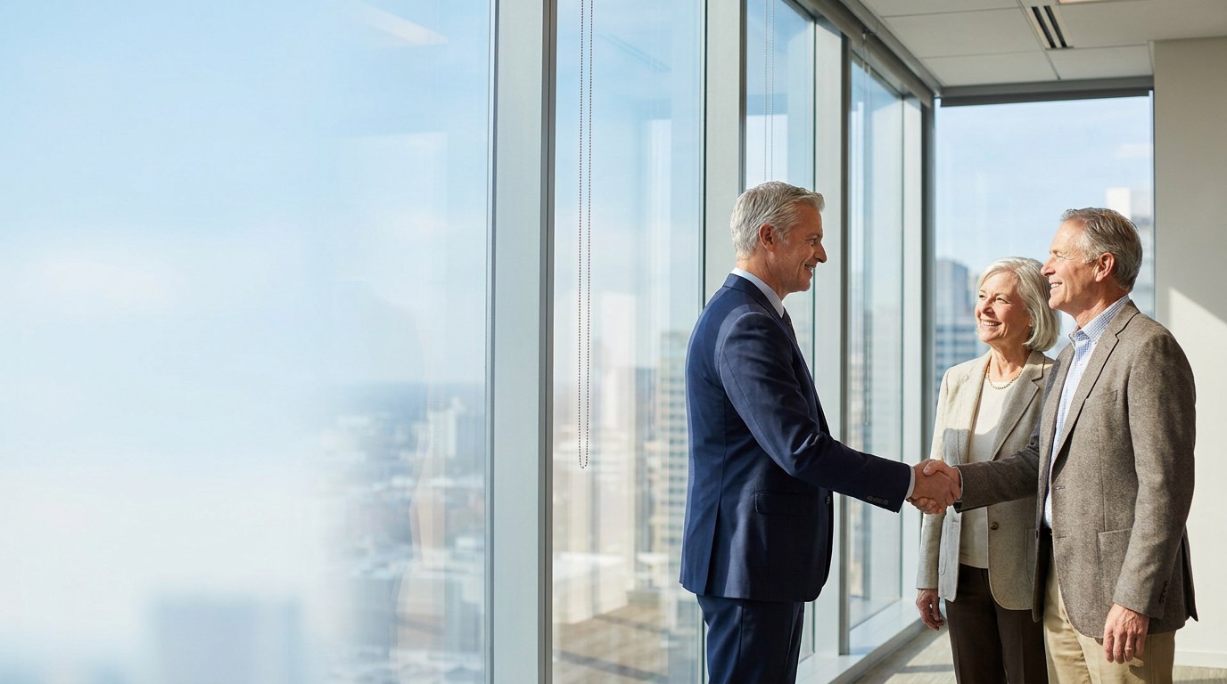 Wealth advisor welcoming clients in a modern office