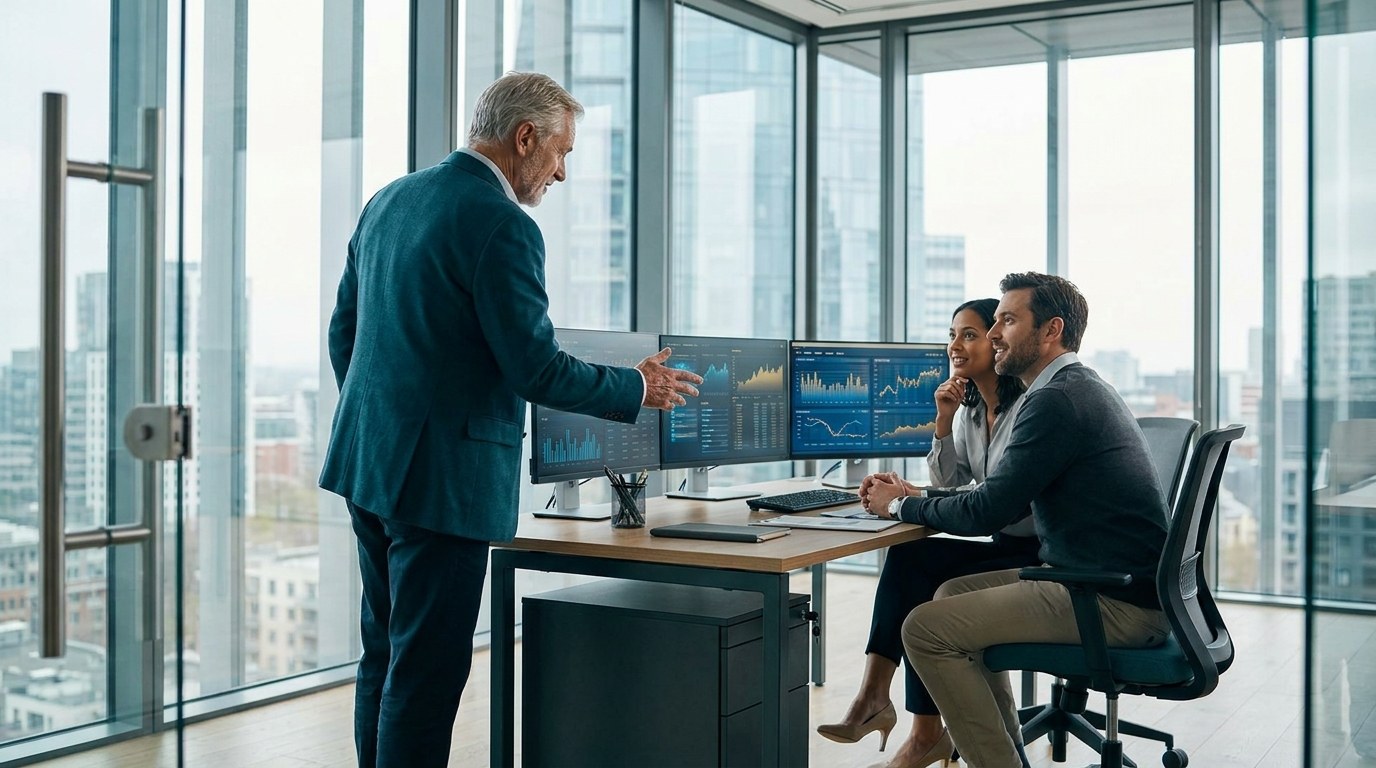 Advisory team collaborating in a modern office