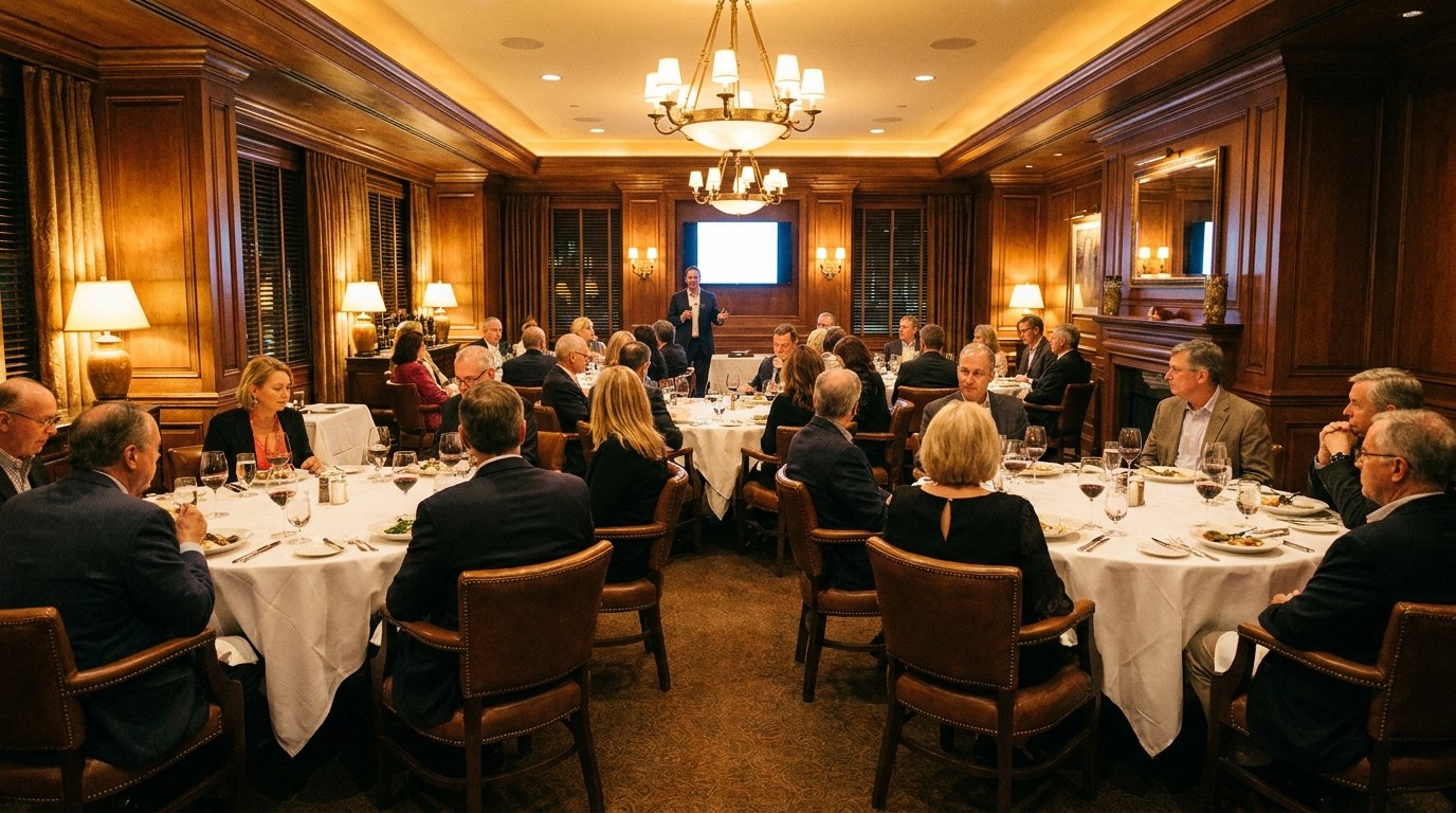 A full dine and learn dinner seminar at an upscale steakhouse