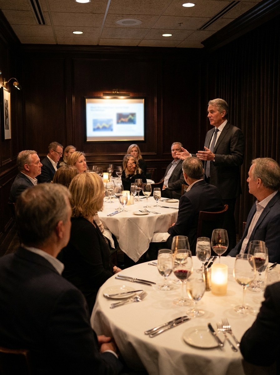 Advisor presenting at a steakhouse dinner seminar